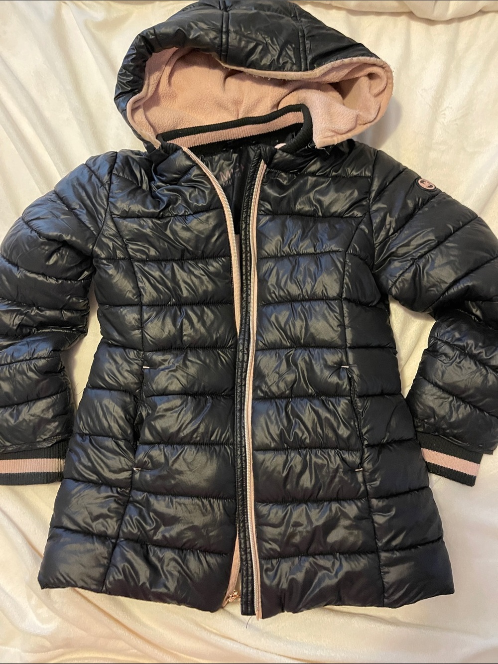 Michael Kors Black Pink Puffer Hooded Jacket girls 14/16 15x21.5